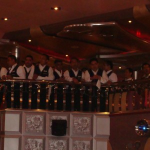 Waiters singing "Leaving on a Funship"