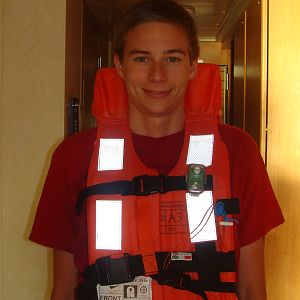 Ryan models a life jacket