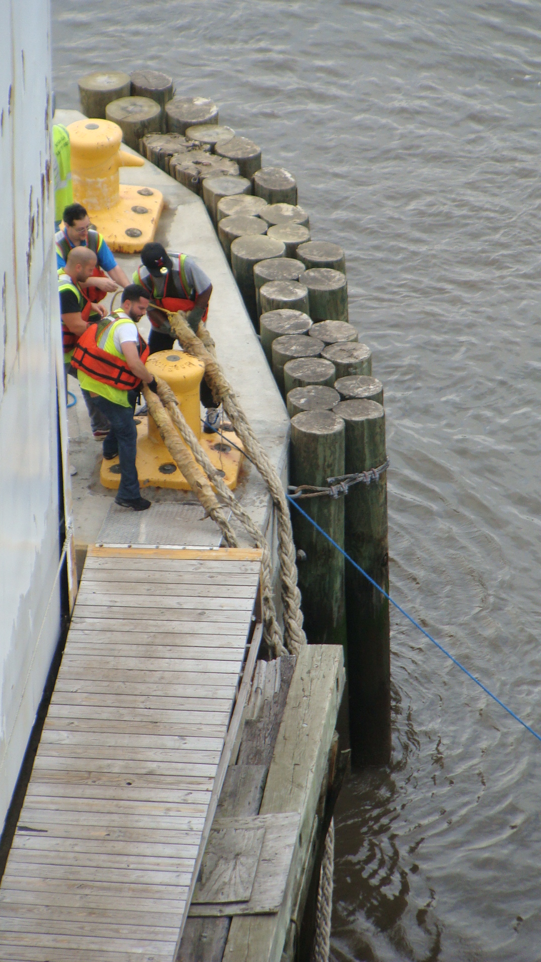 Dock workers secure the lines