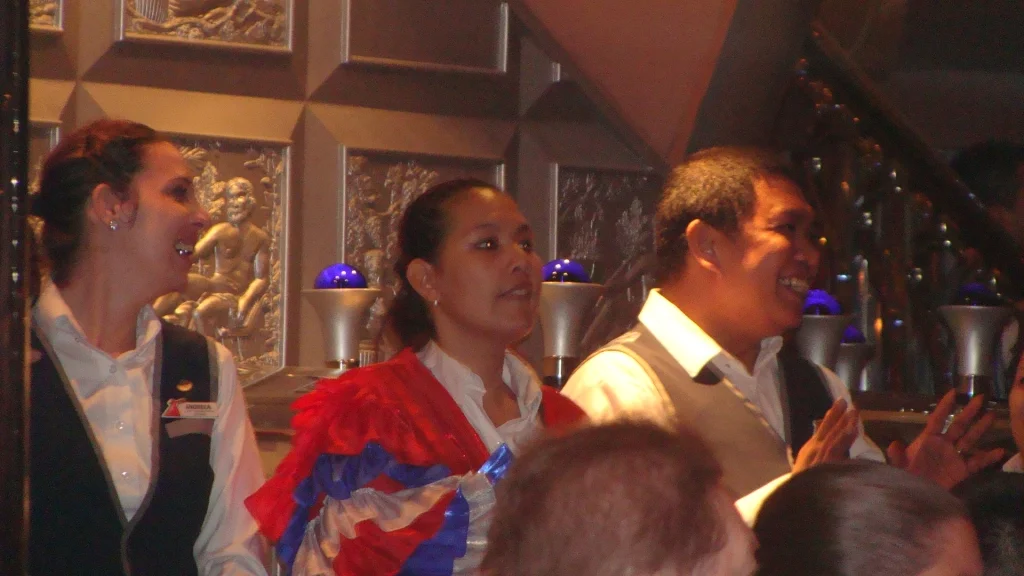 Waiters singing "Leaving on a Funship"